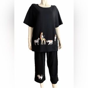 Vintage 1990s SAFARI KNIT SET Two Piece Black Lounge Appliqué Shirt Pant CACTUS